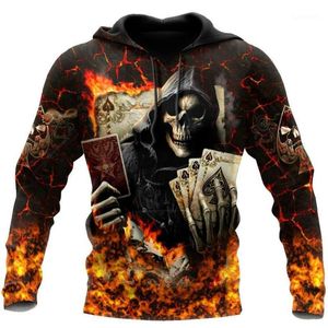 Erkek Hoodies Tişörtü Poker Kafatasları üzerinde Kırmızı Yangın 3D Baskılı Hoodie Erkekler Kazak Unisex Streetwear Zip Kazak Rahat Ceket Pisti