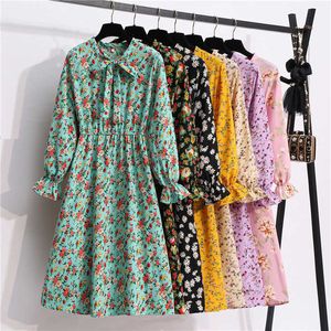 Vintage Spring Summer Dress Women High Elastic Waist A-line Long Sleeve Flower Print Slim Casual Midi Floral Shirt es 210526