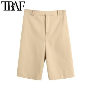 TRAF Women Chic Fashion Office Wear Side Pockets Straight Shorts Vintage High Waist Zipper Female Short Pans Mujer 210415