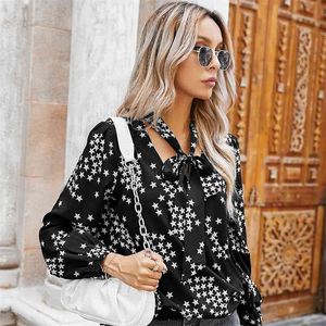 Foridol star print v neck lace up blouse shirt women elegant ladies office white blouse tops autumn winter black blouse 210415