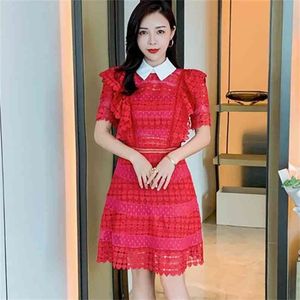 Summer Lace Midi Dress Formal Women Short Hollow out Party Turn down collar Self Portrait 210603