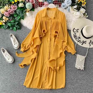 French Dress Women Sweet Turn Down Collar Long Sleeve Ladies Vestidos Solid Ruffles Single Breasted Female Dresses 49831 210422