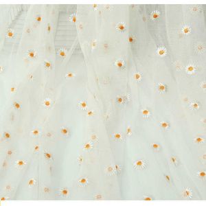 3yards Flower Daisy Embroidery Tulle Soft Mesh Fabric for Dress Skirt Transparent Lace Net fabric Gauze Apparel Cloth DIY Sewing 210702