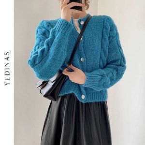 Yedinas kvinnor kort cardigan höst vinter stickad tröja koreansk stil långärmad jumper cardigans solida tröjor super mujer 210527