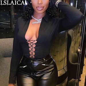 Sexy Top Feminino Criss-Cross-Cross Lace Up Black Roupas Party Clube Noite Longa mangas camisas para as mulheres oca out tops 210520