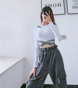 Women's o-neck long sleeve letter print cross bandage hollow out waist cotton short t-shirt sexy tees SML