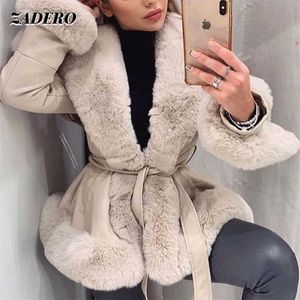 Vinter läderjacka Stitching Faux Fur Collar Cuff Coat Women Slim Elegant varm tjock överrock med bälte Kvinna 211124