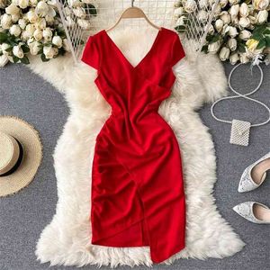 Red Dress Women Summer Fashion V-neck Short Sleeve High Waist Slim Fit Irregular Casual Office Lady Work Wear OL Vestidos 210603