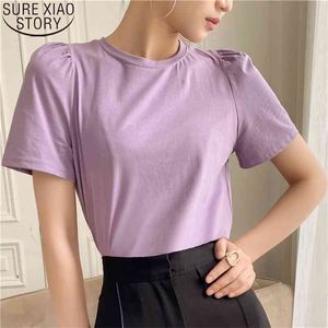 パフ半袖女性夏Tシャツのシンプルなソリッドホワイト紫色の綿のトップスTシャツ韓国の服10090 210510