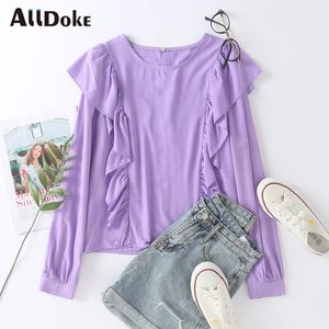 Roxo vintage ruffles blusa mulheres outono o pescoço manga comprida tops camisa streetwear casual senhoras blusas de algodão blusas camisas femininas