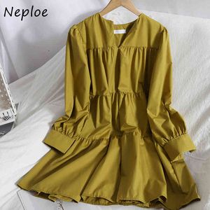 Neploe V Neck Pullover Long Sleeve Solid Dress Women High Waist Hip A Line Vestidos Spring Loose Solid Robe All Match 210510