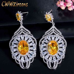 Oval Cut CZ Stones Long Feather Shape Dangle Designer Earrings For Women Luxury Party Wedding Jewelry Gift CZ350 210714