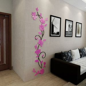 Adesivo da parete in acrilico rosa 3D Adesivo per la decorazione del soggiorno della casa Carta da parati con decorazione floreale