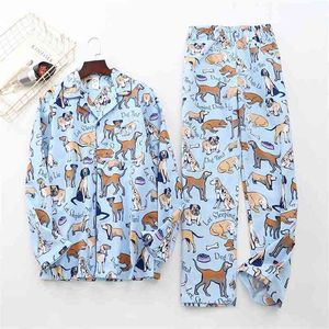 Män pyjamas hund tryck borstat bomull tjock 2 stycken set för par kvinnor långärmad elastisk midja byxor lounge nightwear p80001 210421