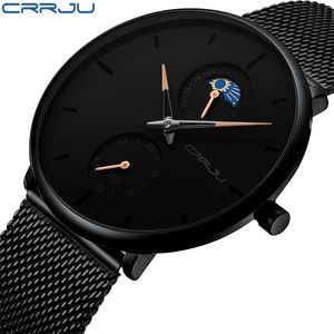 Crrju Siyah Ince İzle Kadın Erkek İzle Lüks Zarif Elbise Moda Saatler Unisex Ultra Ince Saatler Relojes Para Hombre 210517