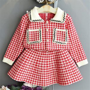 Estilo Preppy Crianças Conjuntos de Meninas Camisola de Malha Cardigan + Lattice Plated Skirt Crianças Princesa Outfits