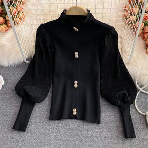 Autumn fashion new design women's ruffles stand collar chiffon patched lantern long sleeve knitted tees