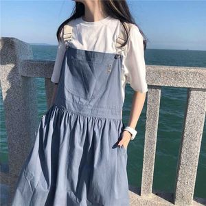 Cotton Strap dress women's preppy high street Korean loose all-match long sling tooling suspender skirt kawaii girl streetwear 210526