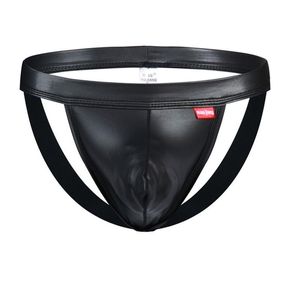 Cuecas tangas sexy mens sueco preto g-string jockstrap underwear imitation pu foo de couro aberto buqui biquini