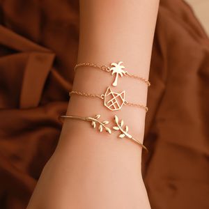 Hollow gato coco árvore folha 3-peça pulseira bonito moda folk-cutom barganglebracelet ouro / prata banhado menina festa jóias presente