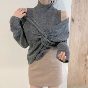 2 Pieces Knitted Pullovers Set Women Half Turtleneck Sleeveless Knit Vests & V-neck Full Sleeve Female Jumpers 210422