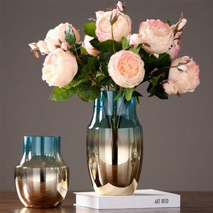 Vases European Colorful Glass Vase Plated Art Flower Fairy Garden Plants Holder Home Decoration Flowerpots Ornament Wedding Gift