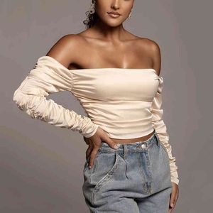 Ruched Square Collar Tshirt Kvinnor Vintage Sexig Satin Puff Stacked Sleeve Toppar Vår Kvinna Streetwear Backless Short Tee 210517