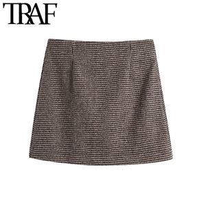 Traf Women Fashion Office Wear Check Mini Kjol Vintage High midja Sidan blixtlås Kvinnor Mujer 210415