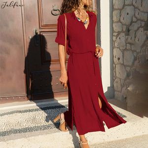 Summer Autumn Women Red Dress Long Sleeve Button A-Line Solid Turn-Down Collar Long Dress with Button Lady Vetidos 210415