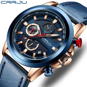 Klockor Crrju Luxury Blue Watches for Mens Vattentät Datum Analog Quartz Man Läderband Armbands Klockor Relogio Masculino 210517