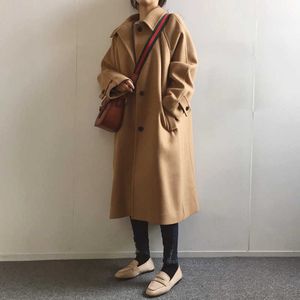 Women's woolen coat casual jacket female autumn and winter solid color loose long ladies Fashion warm top 210527