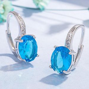 Fashion Blue Crystal Topaz Aquamarine Gemstones Diamonds Clip On Earrings For Women White Gold Silver Color Jewelry Brincos Gift