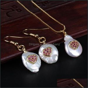 Kolczyki Naszyjnik Zestawy Biżuterii Kobiety Zestaw Utwardzony Maroon Czerwony Wino CZ Tiny Gold Heart Charm Koralik Słodkowodne Pearl Chic Drop Earring Choker Del