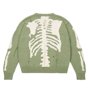 Мужские свитеры осень зима зеленый свободный скелет костяная печать свитер мужчины женские высокое качество улица урона отверстие винтаж вязаный хипхом