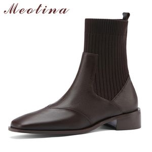 Meotina Real Leather Mid Heel Short Boots Women Square Toe Stretch Boots Shoes Slip On Chunky Heels Ankle Boots Autumn Winter 42 210520