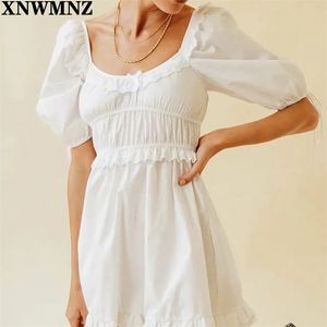 Women's Dress Elegant White Lace Ruffles Vestidos Retro Summer Half Sleeve es Slim Vintage Front Cute Bow 210520