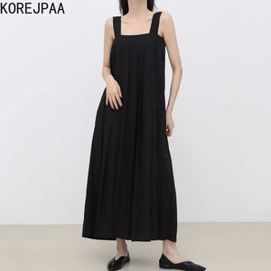 Korejpaaの女性のドレス夏の韓国のシックなシステム薄い漏れのある鎖骨ゆるく積み上げのノースリーブプリーツベストvestidos 210526