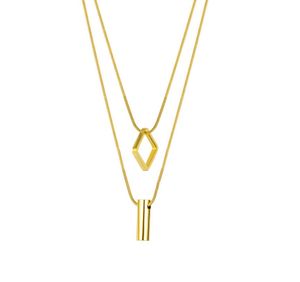 Stainless steel Double Layered Long Chain Choker Necklace Square cylinder Pendant for Women Lady 20 inch Gold