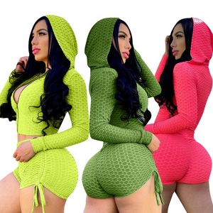 S-2XL Hooded Women Two Piece Pants Suit Long Sleeve Zipper Crop Top Lace Up Boyleg Bottom Shorts Fashion Solid Neon Color Sports Outfits Casual