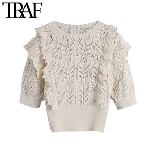 Traf Women Fashion z falbanami przycięty dzianinowy sweter vintage o szyję z krótkim rękawem żeńskie eleganckie topy 210415