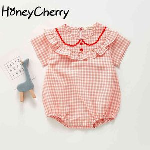 Sommarflickor Plaid Romper Round Neck Kortärmad Baby Girl Clothes 210515