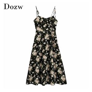 Bohemian Floral Print Chiffon Dress Summer Spaghetti Strap Holiday Beach Women Backless Pleated Midi Vestido 210515