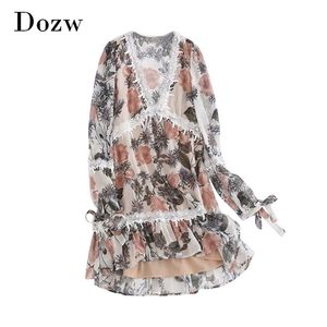 Floral Print Chiffon Dress Sexig Deep V-Neck Beach Boho Broderi Lace Patchwork Mini Sundress Vestidos defesta 210515