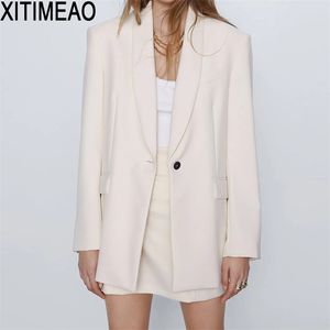 Za mulheres moda único botão de blazer oversized casaco vintage manga comprida bolsos soltos femininos Outerwear chique tops 211122