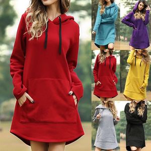 Leosoxs Spring Autumn Solid Women's Sweatshirt Dress 2020 Fashion Loose Hooded Pocket Drawstring Ladies Dress Vestidos Plus Size X0521