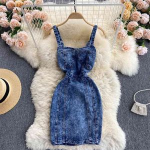 Chic Denim Dress Women's Summer Short Design Sleeveless Spaghetti Strap Open Back Slim Fit Sexy Party Jeans 210603