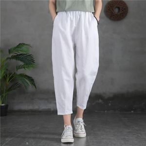 Pantaloni Harem in vita elastica per il tempo libero Johnature Pantaloni in lino di cotone autunno Comodi pantaloni al polpaccio da donna 210521