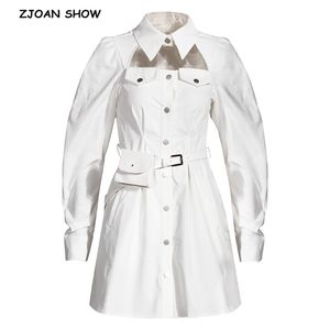 Osobowość Lapel Front Hollow Out Safari Biała Sukienka Kobieta Mały Pocket Belt Puff Długi Rękaw Krótkie Suknie Sashes Chic Vestido 210429