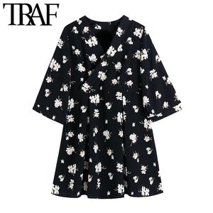 TRAF Women Chic Fashion Floral Print Kimono Mini Dress Vintage Short Sleeve With Lining Female Dresses Vestidos Mujer 210415