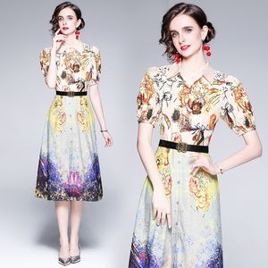 Boutique-Kleid mit Puffärmeln, kurzärmelig, bedrucktes Sommerkleid für Damen, trendiges High-End-Hemdkleid für Damen, Büro-Partykleider